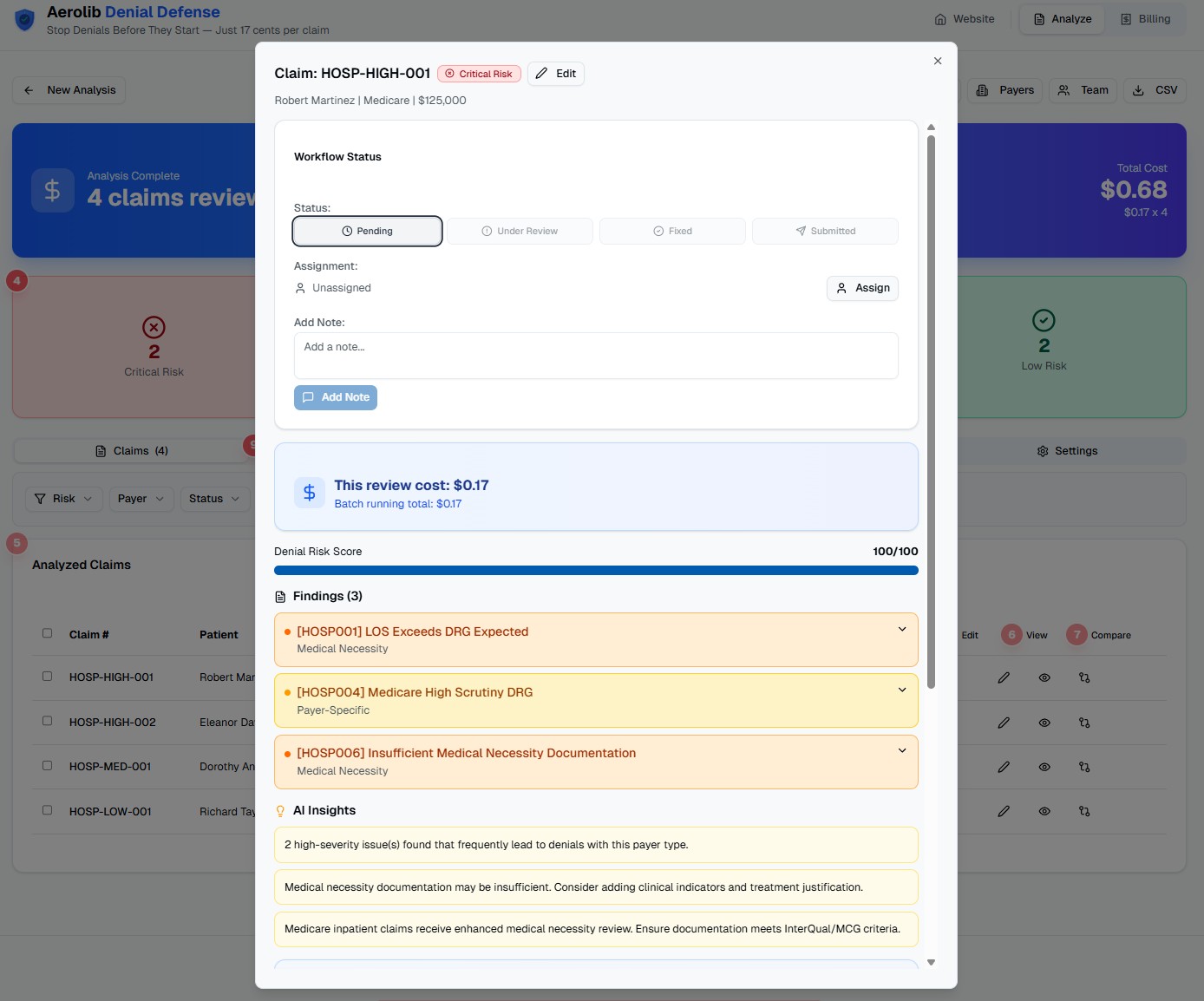 Detailed claim analysis with AI insights, documentation templates, and findings