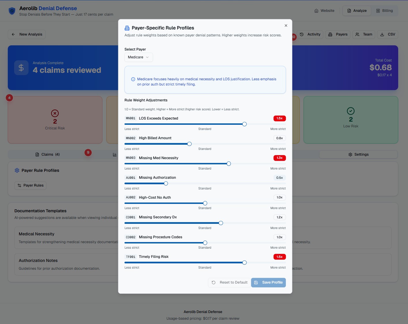 Payer-specific rule profiles with adjustable weights